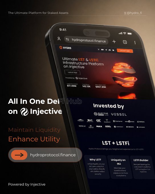 The image features a cell phone screen displaying an advertisement for a platform called "All-in-One Deliverer" that offers various services, including hydroprotocol finance, LSTs, $INJ, and $HDRO. The phone is positioned in such a way that the advertisement is clearly visible on its screen.