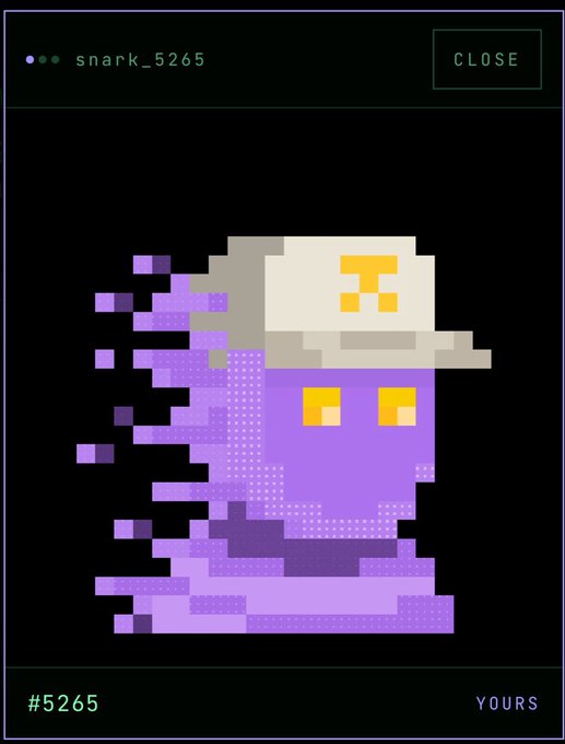 A pixel art NFT-style portrait depicts a purple ghostly character wearing a white cap, labeled 'snark_5265' and #5265 with a 'CLOSE' button.