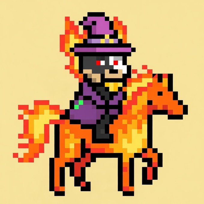 A pixel art illustration of a character wearing a purple top hat and dark outfit with glowing red eyes, riding a fiery orange and yellow horse against a yellow background.