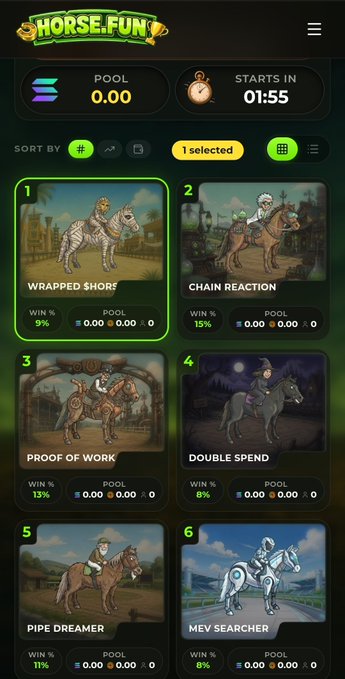 A screenshot of the 'HORSE.FUN' app interface displaying various horse racing thumbnails with titles like 'WRAPPED $HORS', 'CHAIN REACTION', and 'PROOF OF WORK' along with win percentages.