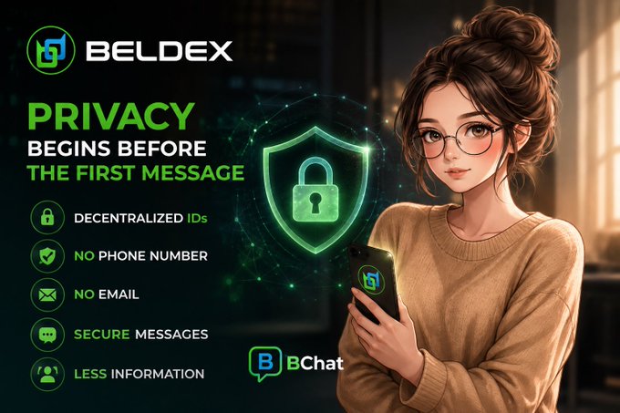 A promotional banner for Beldex featuring an anime-style woman with glasses holding a phone, promoting 'PRIVACY BEGINS BEFORE THE FIRST MESSAGE' with features like decentralized IDs, no phone number required, and BChat.