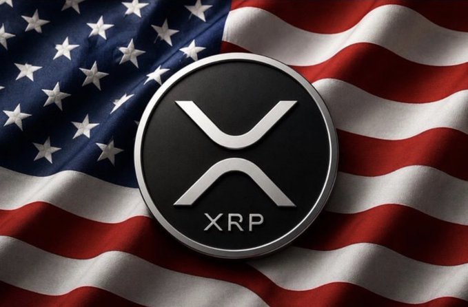 A circular black and silver XRP cryptocurrency coin is overlaid on a waving American flag. The image visually reinforces the post's focus on $XRP by linking the Ripple-associated token to the U.S., while the caption's emphasis on long-term utility over short-term hype complements the bold, prominent display of the XRP logo.