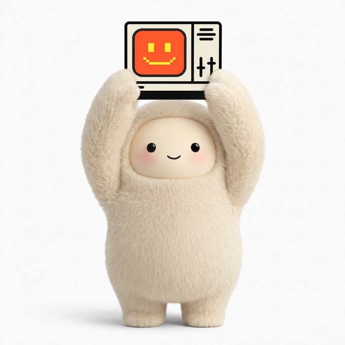 A cute, fuzzy beige plush figure with a smiling face holding up a retro-style TV displaying a yellow smiley face against a white background.