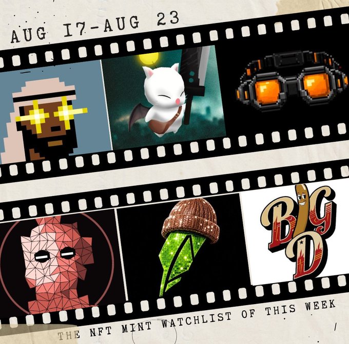 A collage styled as a film strip dated 'AUG 17-AUG 23' showcases various NFT projects, captioned at the bottom as 'THE NFT MINT WATCHLIST OF THIS WEEK,' featuring pixel art, a white cat character, pixelated goggles, a red wolf, a green leaf in a beanie, and the 'BIG ID' logo.