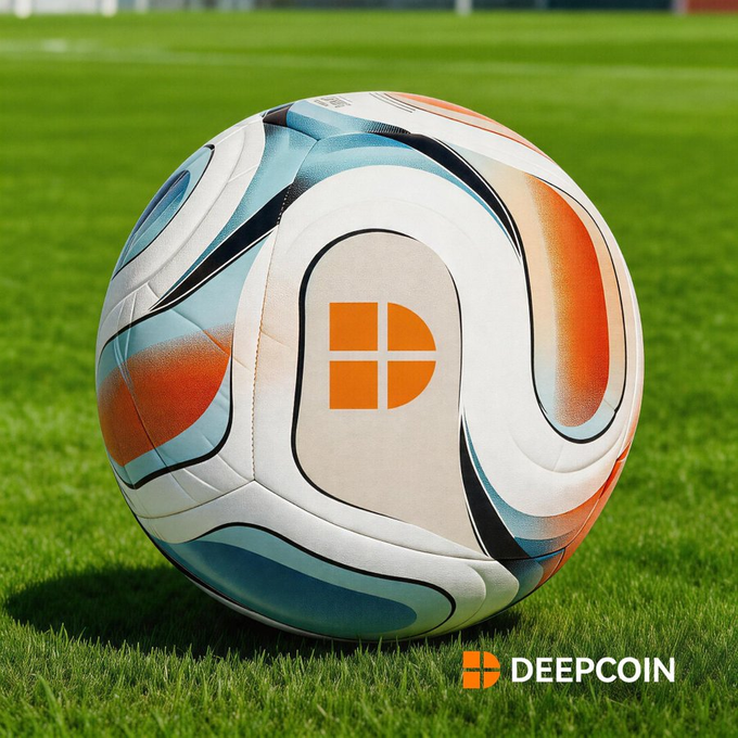 A soccer ball with a distinctive orange, white, and light blue pattern sits on a green grass field, branded with the 'DEEPCOIN' logo.