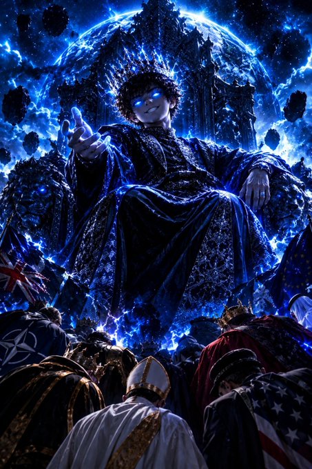 A dark fantasy-style illustration shows a glowing seated figure above a crowd, surrounded by blue lightning, floating debris, and a glowing globe.