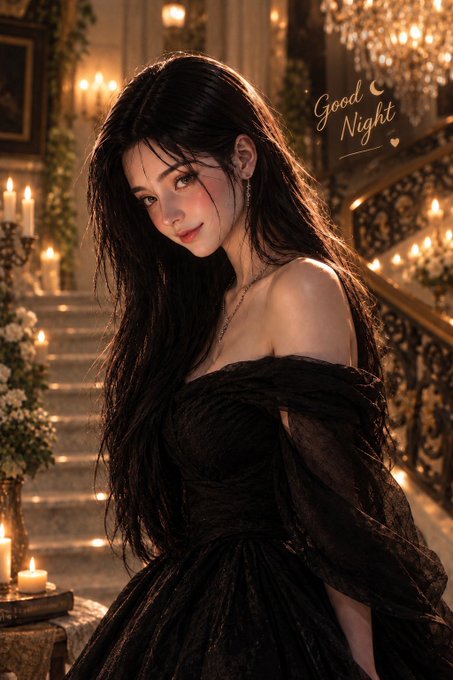 An AI-generated portrait of a woman with long dark hair wearing a black off-shoulder dress, with the text 'Good Night' and a moon symbol overlaid on a chandelier background.