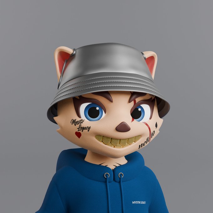 A 3D-rendered stylized character with cat-like ears wears a gray bucket hat and a blue hoodie, featuring face tattoos including 'Mystic Legacy' with a heart and 'ne6i3a' on the other cheek, plus gold grillz.