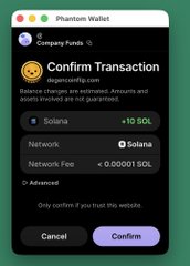 The image shows a Phantom Wallet "Confirm Transaction" popup from degencoinflip.com, requesting authorization to send +10 SOL from a Solana network wallet with a network fee of < 0.00001 SOL. This relates to the post by illustrating the wallet confirmation step a user completes when enabling a risk-free play feature on the platform before risking their SOL.