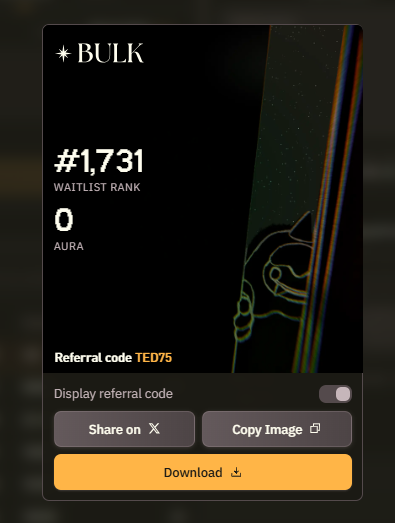 The image shows a screenshot of a sign for bulk trade with a focus on how to access an aura rating on the waitlist. The sign features a blue background with white text that reads "bulk", followed by the numbers 1731 and 0, with a small banner below displaying the code 'TED75' in yellow. The caption above this detail reads "No aura? Use code 'TED75' to start auramaxxing and move up the @bulktrade mainnet waitlist early.", suggesting that the post is related to a tutorial or guide on accessing an aura rating for bulk trade.