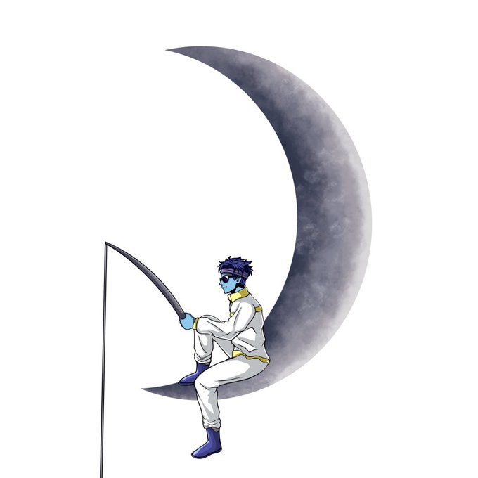 An anime-style illustration of a blue-skinned character in a white and gold outfit sitting on a crescent moon and fishing with a long pole.