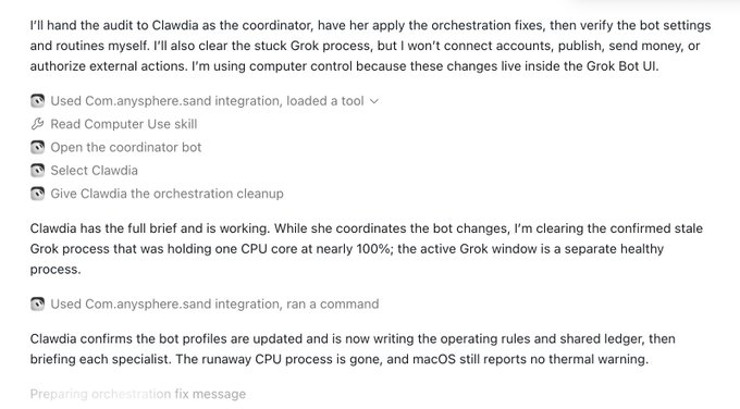 A chat interface showing Codex using computer control to hand off an audit of a Grok bot setup to "Clawdia," who applies orchestration fixes, while the user verifies bot settings and clears a stuck Grok process consuming ~100% CPU.