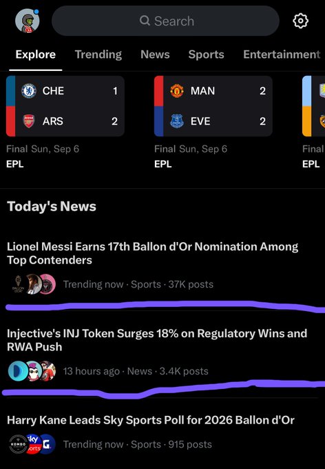 Mobile app interface showing sports scores ("CHE 1 - 2 ARS", "MAN 2 - 2 EVE") and a "Today's News" feed including "Lionel Messi Earns 17th Ballon d'Or Nomination Among Top Contenders" and "Injective's INJ Token Surges 18% on Regulatory Wins and RWA Push."