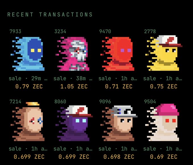 A 'Recent Transactions' screen displaying eight pixel-art character NFT sales ranging from 0.69 ZEC to 1.05 ZEC, including characters like a blue ghost, pink figure, red blob, and figures with hats.