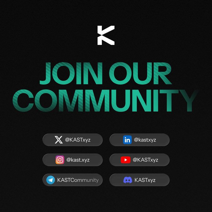 A promotional graphic with a black background displaying the 'KAST' logo and 'JOIN OUR COMMUNITY' in teal text, listing social media handles for X, LinkedIn, Instagram, YouTube, Telegram, and Discord all under @KASTxyz.