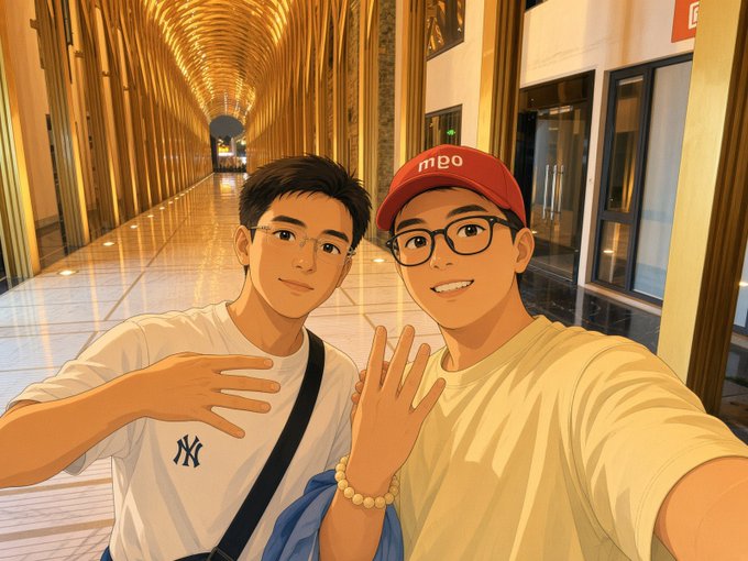 An animated illustration in Studio Ghibli style showing two young men taking a selfie in a grand, warmly lit hallway; one wears a white NY t-shirt and glasses, while the other wears a yellow shirt, glasses, and a red 'm2go' cap.