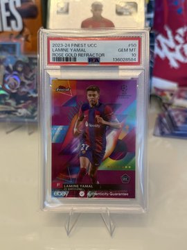 A PSA-graded 2023-24 Finest UCC card featuring Lamine Yamal of FC Barcelona, rated GEM MT 10, with a 'Purple Light Refractor' designation.