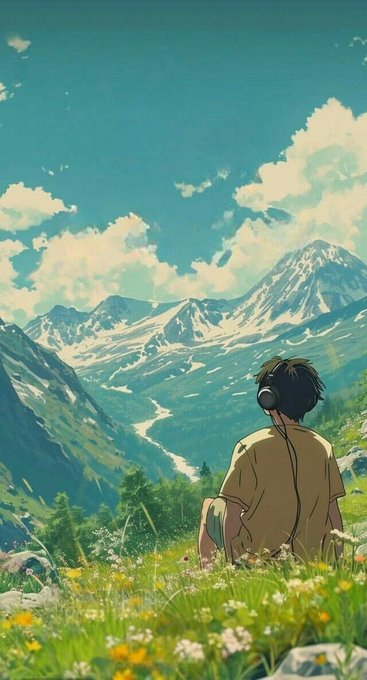 An anime-style illustration of a dark-haired boy with headphones sitting in a grassy meadow of wildflowers, gazing at snow-capped mountains under a blue sky.