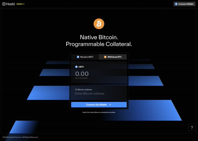 A screenshot of the Haskis Protocol testnet website displays "Native Bitcoin. Programmable Collateral." with options to "Receive NBTC" or "Withdraw BTC", a Bitcoin balance showing 0.00, and a "Connect Sui Wallet" button.