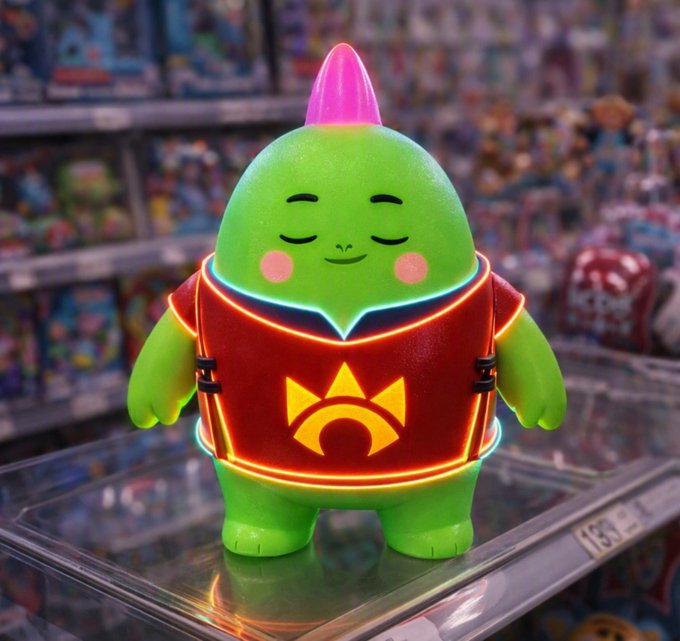 A glowing neon-style designer art toy figure featuring a green character with closed eyes and a pink mohawk, wearing a red vest with a gold crown emblem, displayed on a shelf.