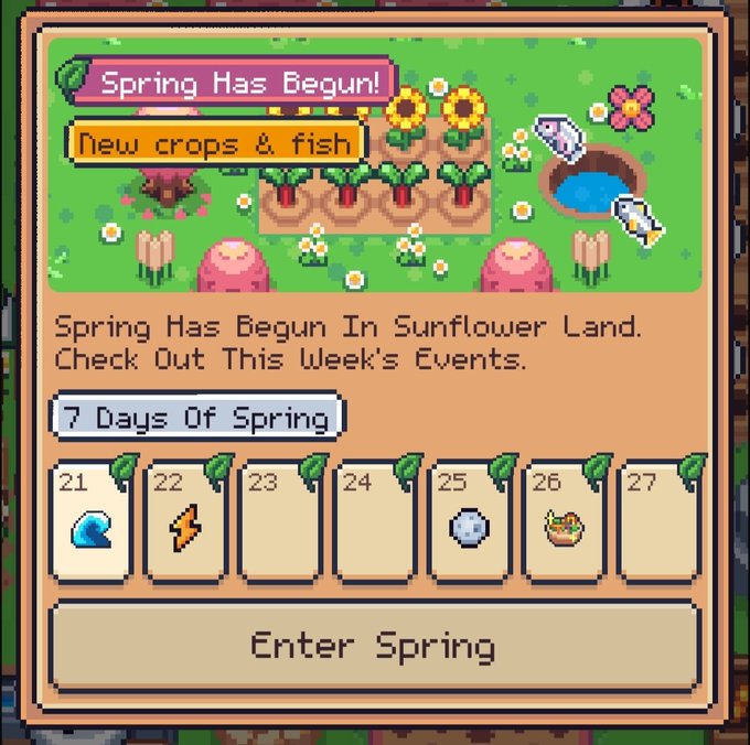 A pixel-art game interface titled 'Spring Has Begun!' in 'Sunflower Land,' advertising 'New crops & fish' and listing daily rewards for '7 Days Of Spring' (days 21-27), with an 'Enter Spring' button at the bottom.