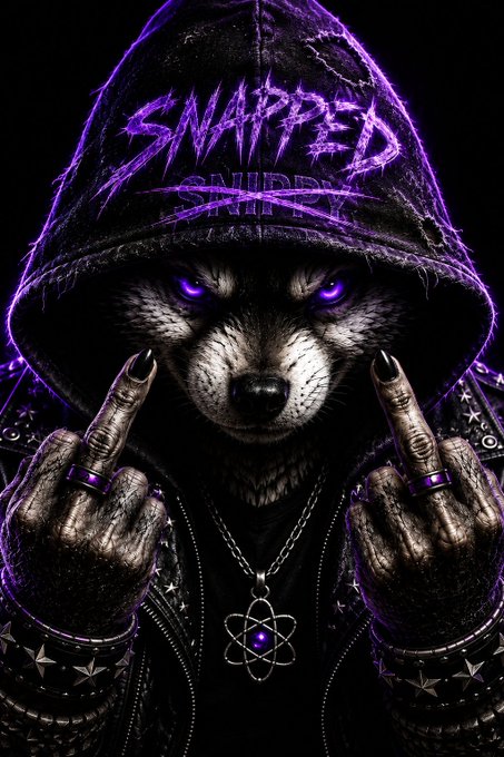 Digital art depicts a snarling wolf wearing a black leather jacket and a hood emblazoned with the purple text 'SNAPPED', holding up both middle fingers and wearing a necklace with an atomic symbol pendant.