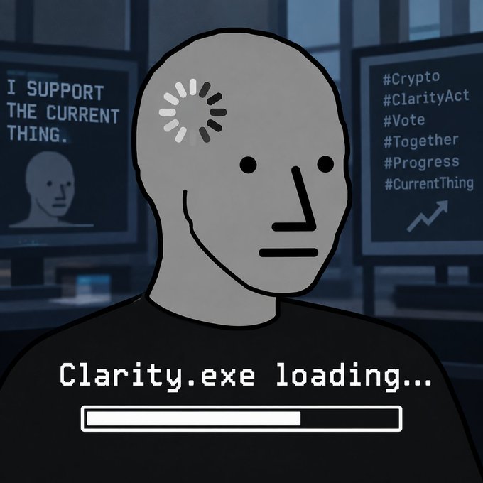 A minimalist illustration of a gray humanoid figure with a loading spinner on its head, captioned "Clarity.exe loading..." with a progress bar; background screens display "I SUPPORT THE CURRENT THING" and hashtags like #Crypto, #ClarityAct, #Vote, #Together, #Progress, #CurrentThing.