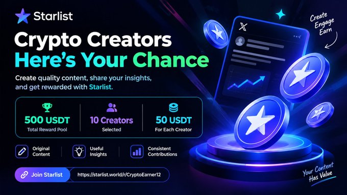 Starlist promotional graphic titled 'Crypto Creators Here's Your Chance' offering a 500 USDT reward pool for 10 creators at 50 USDT each, with a URL starlist.world/n/CryptoEarner2.