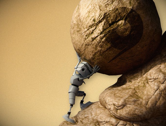 A small robot is depicted climbing up a massive, rocky humanoid figure, with a glowing heart-shaped mark carved into the giant's head.