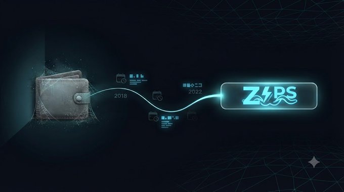 Futuristic infographic on a dark background showing a wallet on the left connected by a glowing teal line through '2018' and '2022' milestones to a glowing 'ZAPS' token logo on the right.