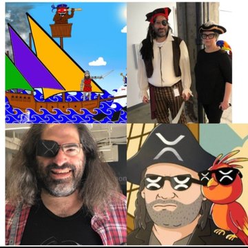 Two people pose in pirate costumes (one dressed as a traditional pirate and the other in black as a captain) alongside illustrations of a colorful pirate ship and a parrot-wearing cartoon pirate, all celebrating the unofficial September 19th "Talk Like a Pirate Day."