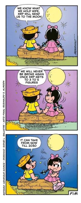 The image features a comic strip with three panels, each depicting a cartoon character named Charlie Brown and his friend, Snoopy Bear. The first panel shows Charlie Brown sitting on a log while Snoopy Bear looks at him from behind. The second panel depicts Snoopy Bear sitting on another log as Charlie Brown looks at him. The third panel shows both characters sitting together on the same log with Snoopy Bear looking at Charlie Brown. In each panel, there is text that reads "We will never have to worry about money again..." and "It might happen anytime between now and ____."