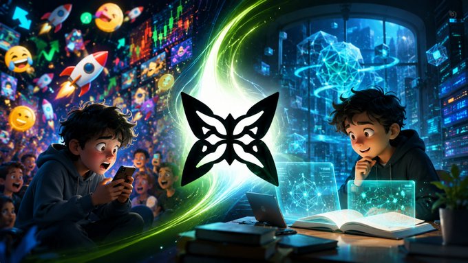 A vibrant digital illustration split between two scenes — emojis and rockets on one side, two cartoon boys on the other — with a glowing butterfly-style logo in the center.