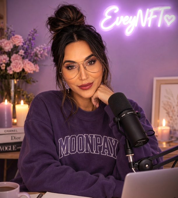 A woman wearing a purple 'MOONPAY' sweatshirt and glasses sits at a podcast setup with a microphone, in front of a purple neon sign reading 'EveryNFT' with a heart symbol.