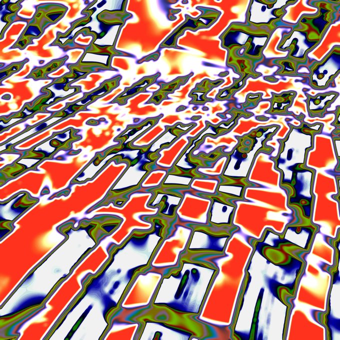 An abstract digital artwork featuring distorted, glitch-like patterns in vibrant red, white, blue, and green colors, resembling a warped, pixelated landscape.