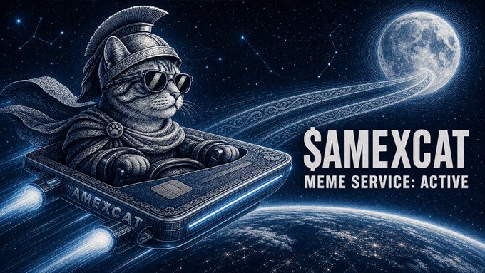 Sci-fi style illustration of a cat in a warrior helmet and sunglasses sitting in a hovercraft in space, labeled '$AMEXCAT MEME SERVICE: ACTIVE' with a moon in the background.