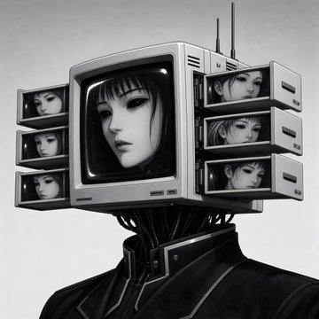 A monochrome illustration depicts a figure in a dark coat whose head is replaced by a retro CRT television displaying a woman's face, flanked by smaller stacked monitors showing similar images and topped with antennas. The cyberpunk aesthetic and "/Screenz" reference in the post tie the visual's screen-themed identity to an NFT minting announcement for "Phase II collectors," suggesting the image serves as the project or collection's branding.
