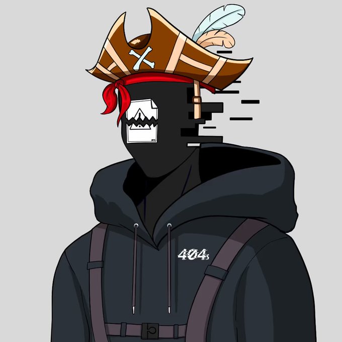 An anime-style illustration of a masked character wearing a pirate hat with feathers and a red bandana, dressed in a dark hoodie with the text '404s' on the chest.