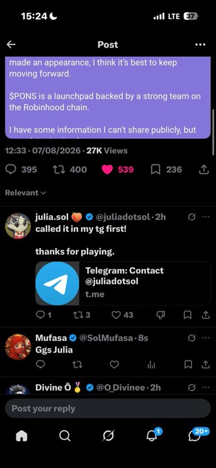 A social media post screenshot discusses a launchpad backed by a strong team on the Robinhood chain, with replies from users including julia.sol calling it 'my tg first' and sharing a Telegram contact.
