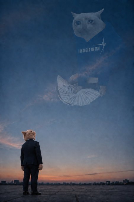 A surreal digital artwork showing a man in a suit with a cat's head standing on a rooftop, looking up at a large cloud-like figure of a cat wearing a 'Lockheed Martin' hoodie holding a space shuttle.