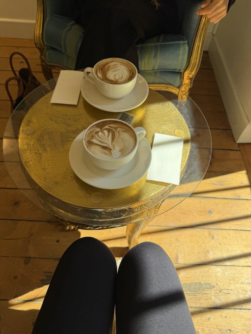 A first-person perspective of someone sitting across a gold-trimmed glass table from a companion in an ornate chair, with two coffees featuring latte art placed between them.
