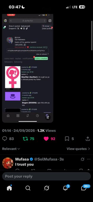 A screenshot of a social media post showing a tumblr comment section, dated 24/09/2026 at 03:47, with 1.2K views, 83 replies, 75 reposts, and 92 likes, featuring a reply from 'Mufasa @SolMufasa' saying 'I trust you'.