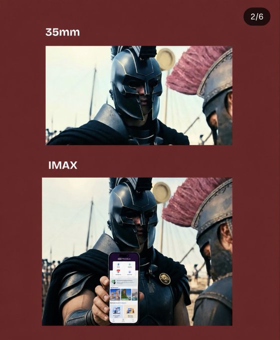 This image displays a comparison between "35mm" and "IMAX" formats, with the "IMAX" version showing a warrior holding a smartphone with the Travala app. The accompanying post implies that using Travala would have expedited travel, allowing the warriors to return home sooner.