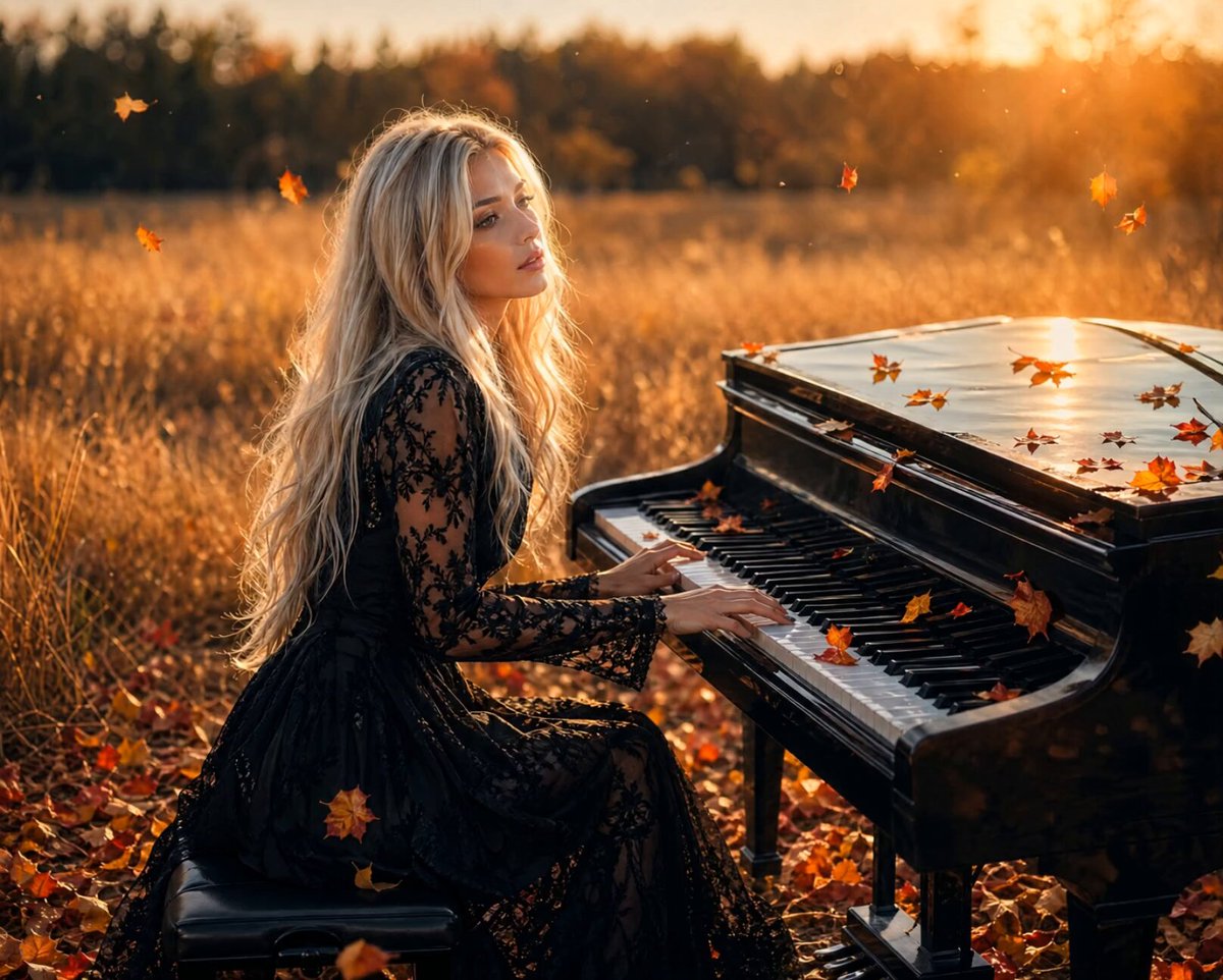 A blonde woman in an elegant black lace dress plays a grand piano in a golden field scattered with autumn leaves, bathed in warm sunset light.

The image perfectly captures the romantic, cinematic mood referenced in the post, evoking the melancholy beauty of "Your Piano Video" with its golden-hour atmosphere and autumn setting, fitting the creative prompt shared by @BchCityAngel and @budgetpixel.