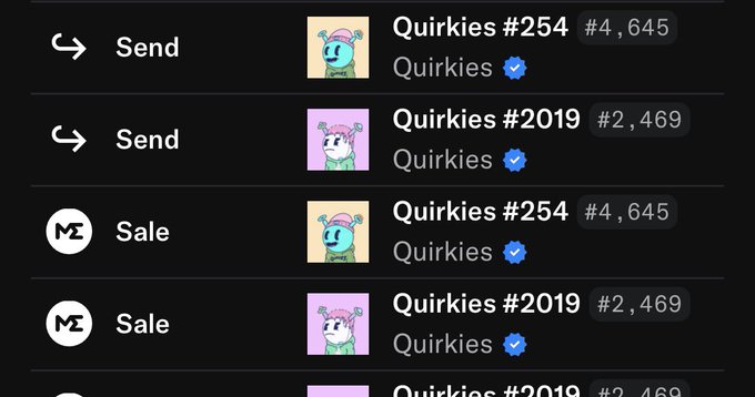 A digital marketplace interface showing listings for "Quirkies #254" and "Quirkies #2019" with Send and Sale options and prices like #4,645 and #2,469.