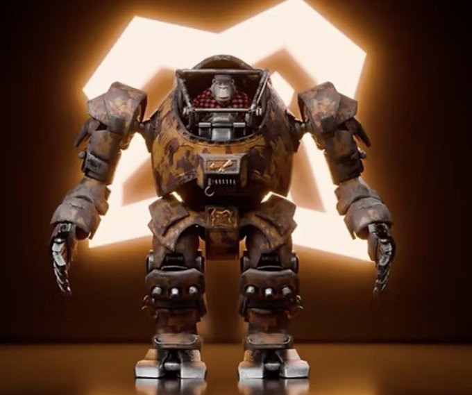 urn-shaped robot with a yellow body, brown helmet, and red gloves stands on two legs against a dark background.