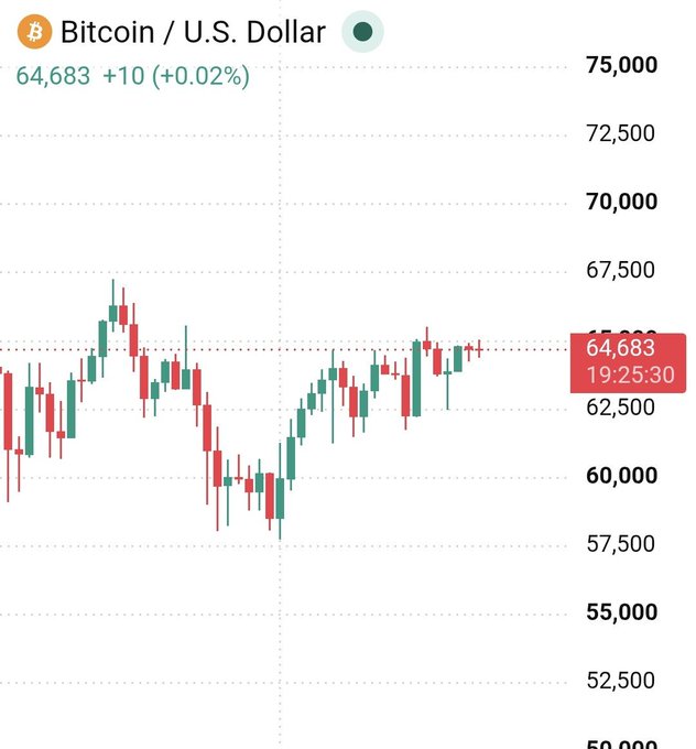 The image displays a Bitcoin (BTC/USD) candlestick chart showing a current price of 64,683, up 10 (+0.02%), which corresponds closely to the 'Bitcoin $64,500' figure mentioned in the accompanying text.