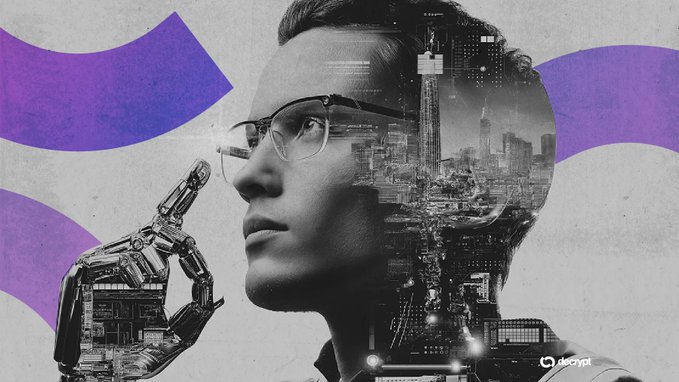 A grayscale stylized image of a man with glasses next to a robotic hand, with a cityscape overlaid on his head and purple curves in the background, featuring a 'decrypt' logo.