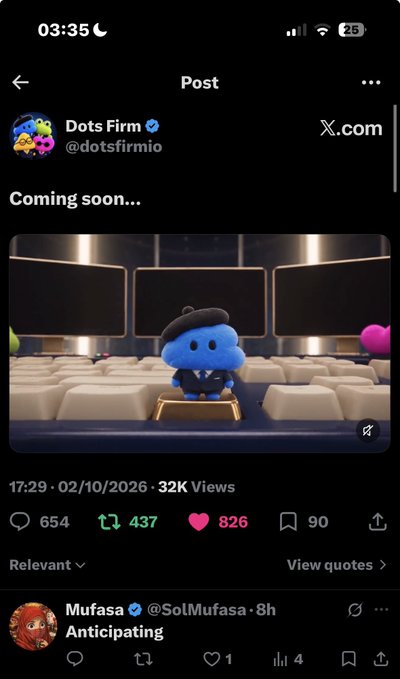 A screenshot of a Twitter post by 'Dots Firm' (@dotsfirmio) featuring a blue plush character in a suit sitting in a movie theater, with text 'Coming soon...'.