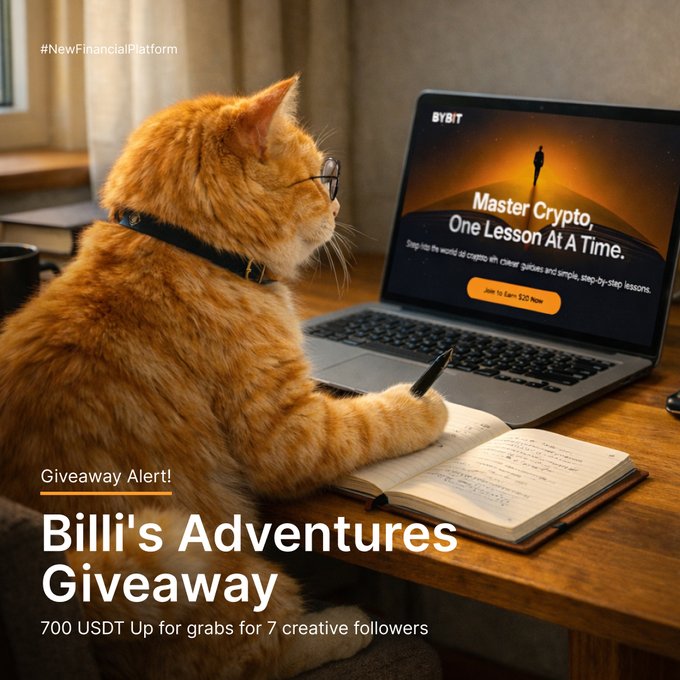 An orange tabby cat wearing glasses studies a "Bybit" crypto lesson ("Master Crypto, One Lesson At A Time") on a laptop while taking notes in a notebook. The image ties into the post's announcement of "Billi's Adventures Giveaway," where 700 USDT is being offered to the top 7 most engaged participants creating Billi football memes.